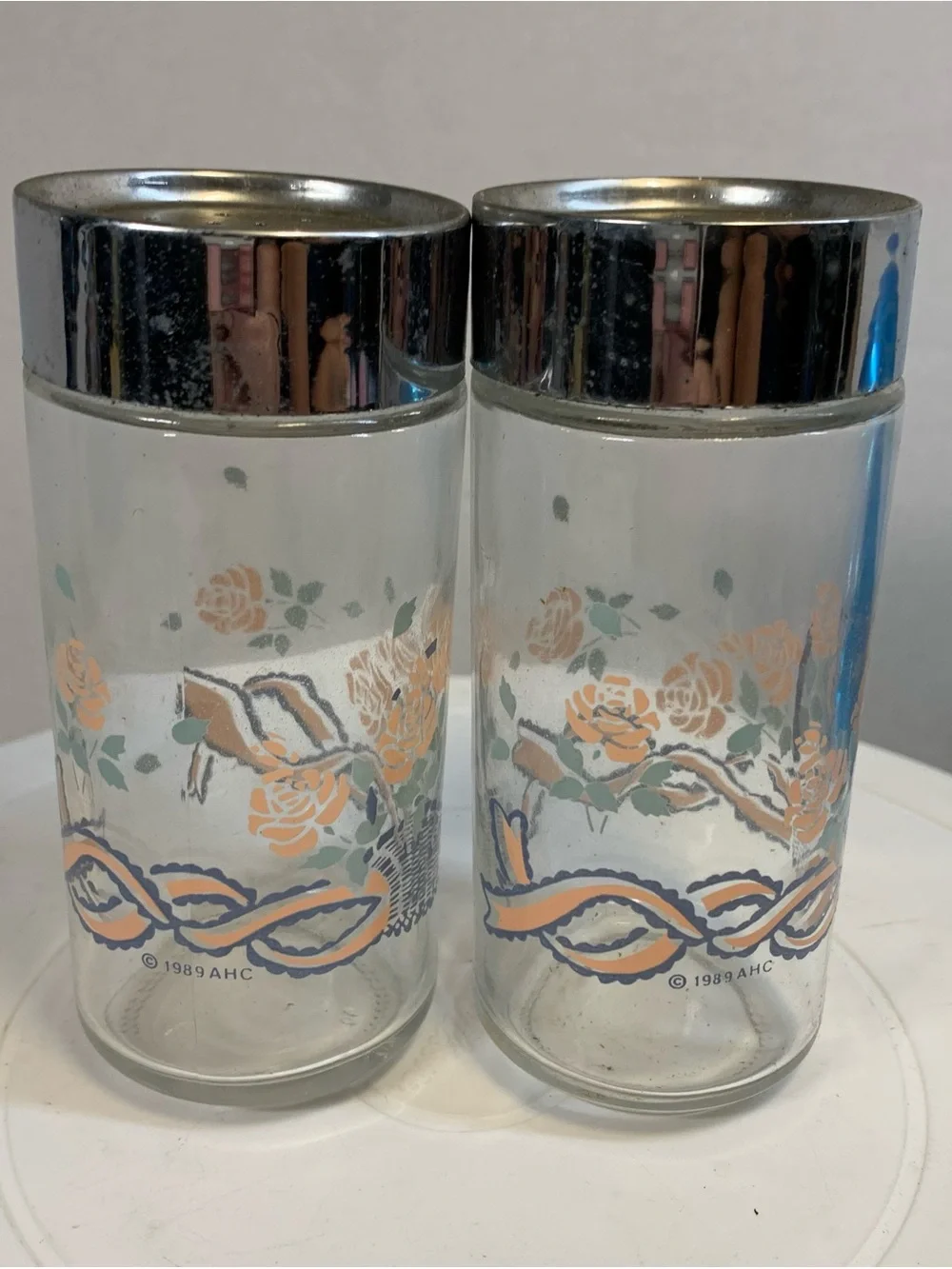 Vintage Ancho Hocking “Basket, Ribbons & Roses Salt & Pepper Shakers.       3801